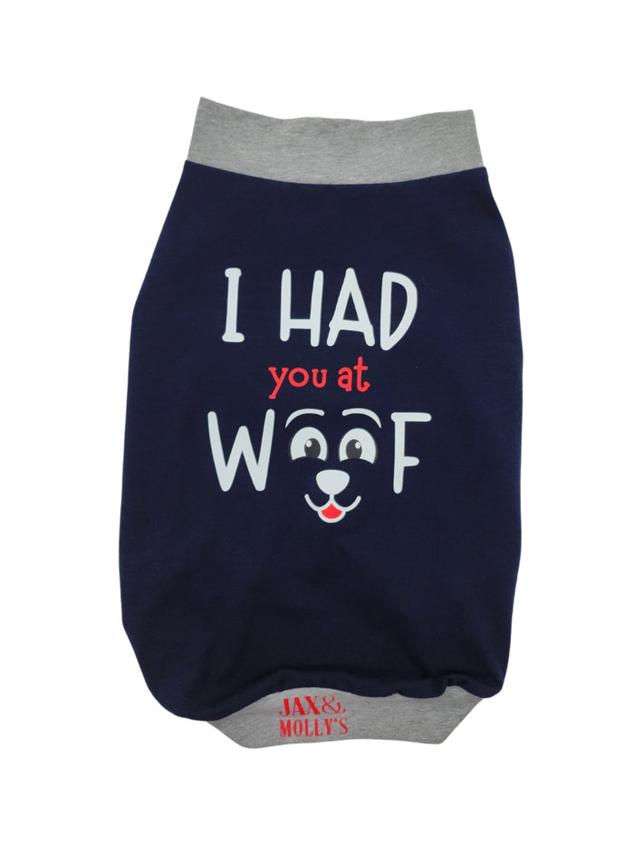 I Had You at Woof cotton-spandex dog tank flat lay showing vinyl print