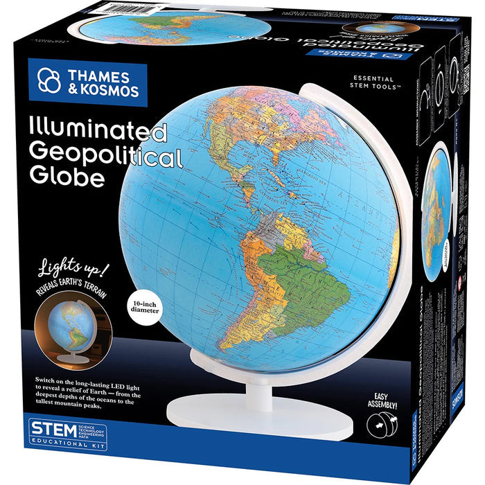 Boxed Illuminated Geopolitical Globe by Thames & Kosmos with Earth map on a stand.