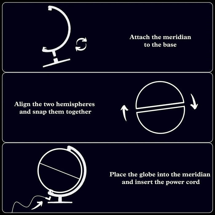 Step-by-step assembly instructions for a globe on a black background