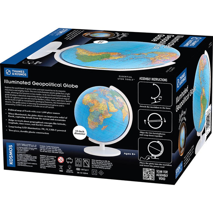 Boxed illuminated geopolitical globe with assembly instructions on a white background