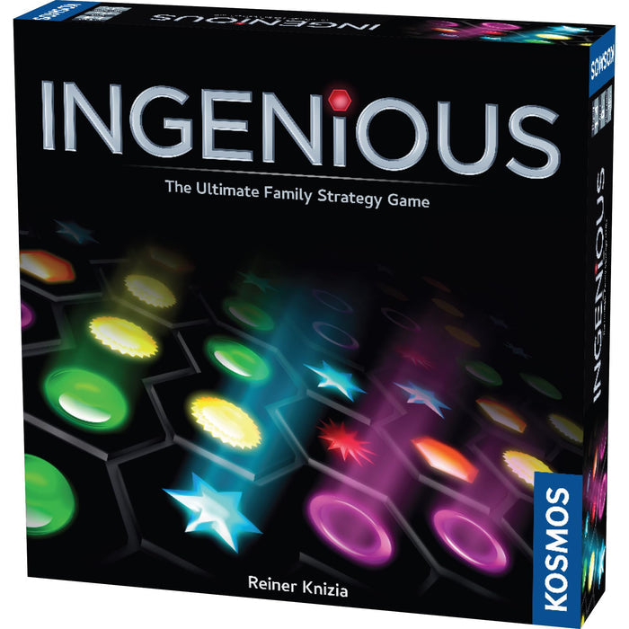 Board game box for 'Ingenious' by Kosmos with colorful game pieces on a black background.