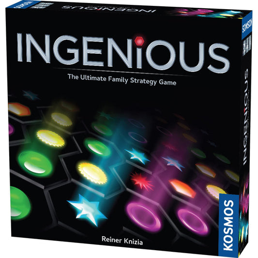Board game box for 'Ingenious' by Kosmos with colorful game pieces on a black background.