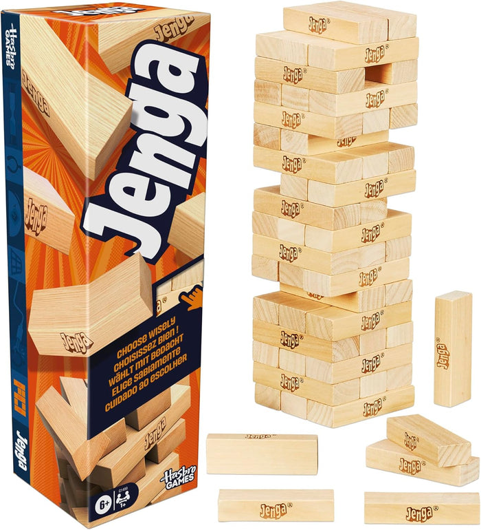 Jenga game set with wooden blocks and packaging on a white background