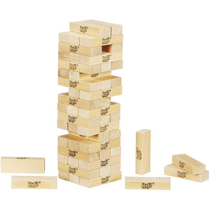 Unboxed contents of Jenga wooden blocks on a white background