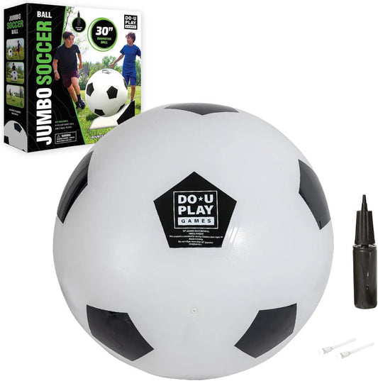 Large inflatable soccer ball with pump and packaging on a white background