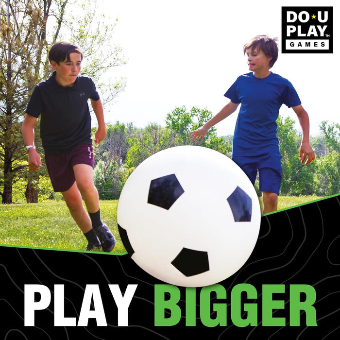 Two children playing with a large soccer ball on grass, with 'DO-U PLAY' branding.