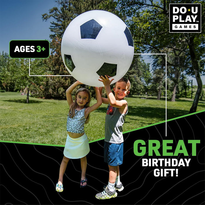 Two children holding a large inflatable soccer ball in a park with 'DO-U PLAY GAMES' branding.