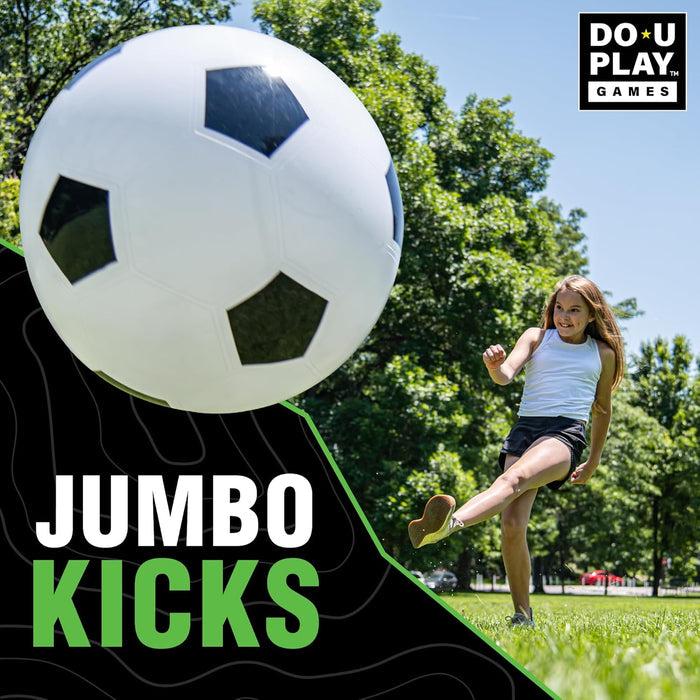 Child kicking a large soccer ball with 'DO-U PLAY GAMES' branding and 'JUMBO KICKS' text.