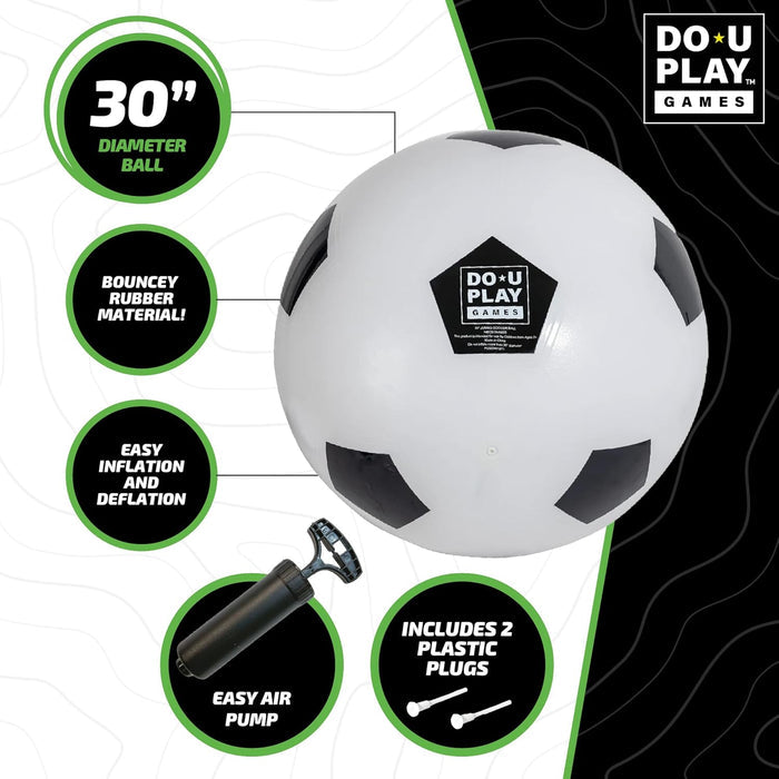 30-inch diameter ball with features listed, including bouncy rubber material and easy inflation, on a white background.