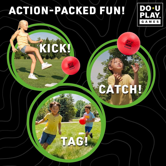 Children playing with red balls in a grassy area, promoting action-packed fun with text and Do-U Play Games branding.