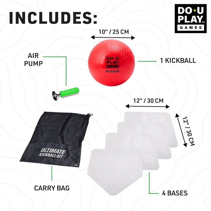 DO-U PLAY kickball set with red ball, air pump, carry bag, and bases on a white background.