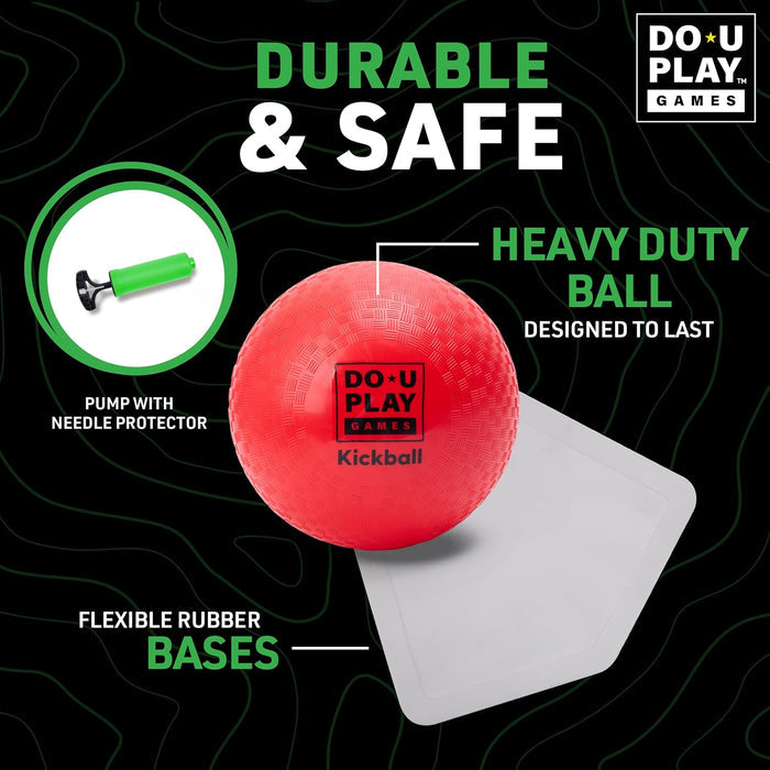 Red kickball with 'DO-U PLAY' branding on a black background, featuring text about durability and safety.