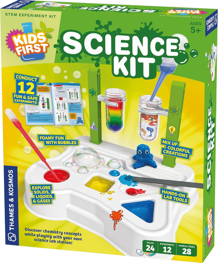 Science kit packaging with colorful graphics and text on a green and yellow background
