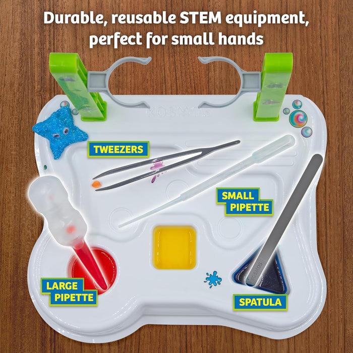 STEM education tool with tweezers, pipettes, and a spatula on a wooden background