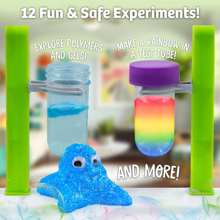 Science experiment kit with test tubes, polymers, and gels on a colorful background.