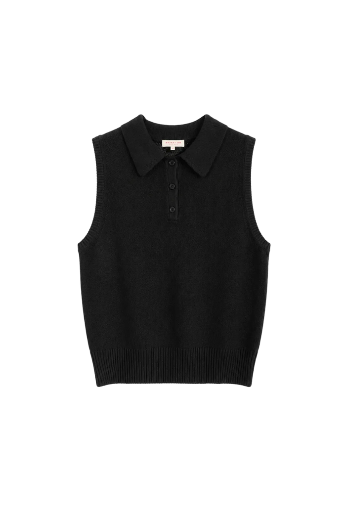 Demylee Kira Cotton Linen Polo Top in black