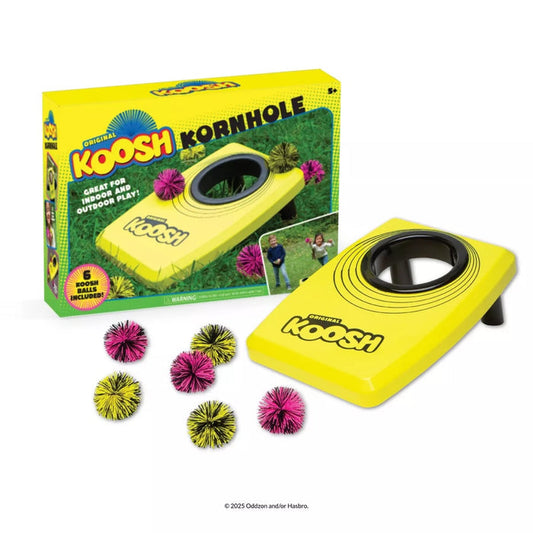 Koosh Kornhole game set with yellow board and pink and yellow balls on a white background