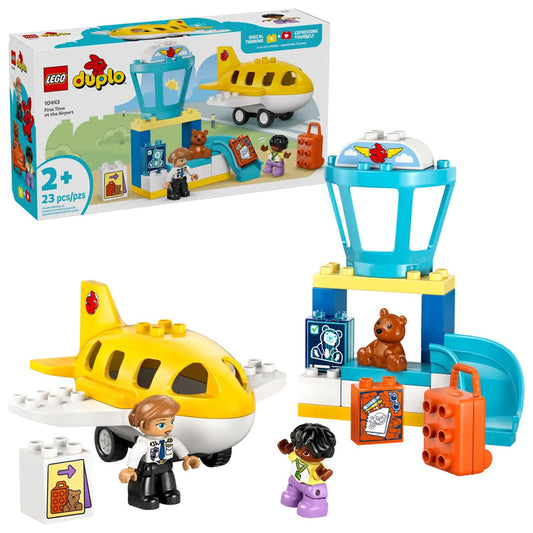 LEGO Duplo airport set with helicopter, tower, and figures on a white background