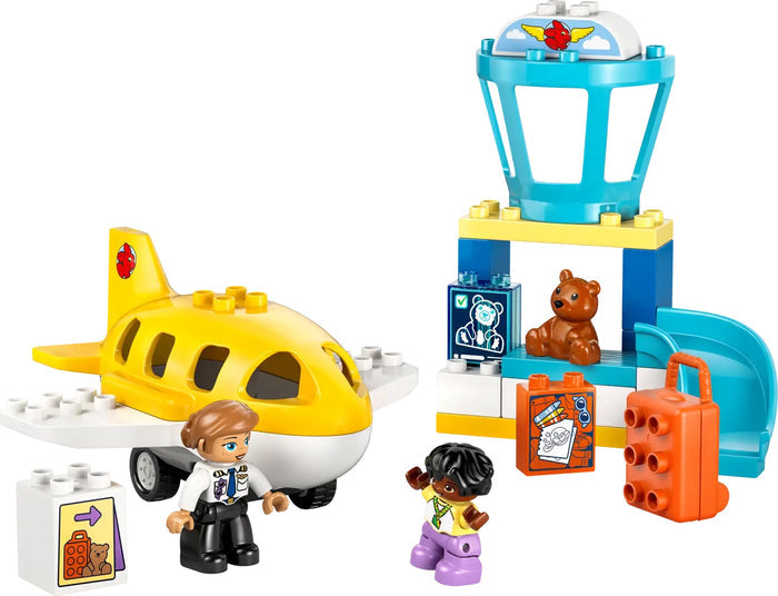 LEGO set with a yellow airplane, tower, and characters on a white background