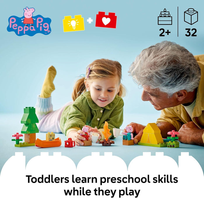Child and adult playing with Peppa Pig-themed building blocks on a light blue background