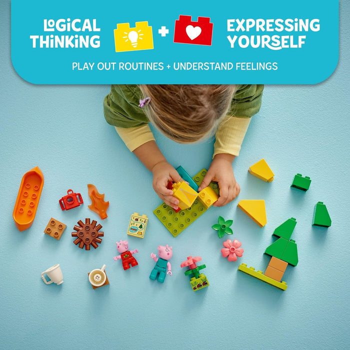 Child playing with colorful building blocks on a blue background, with text about logical thinking and expressing oneself.