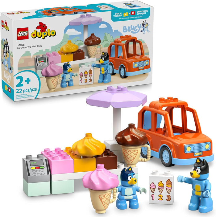 LEGO Duplo ice cream stand set with toy car and characters on a white background