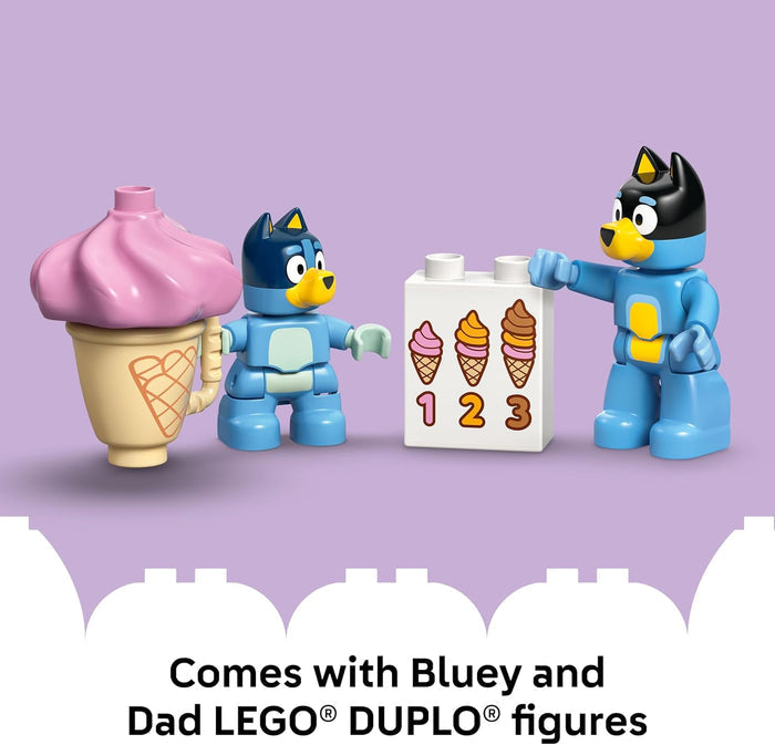 LEGO DUPLO figures of Bluey and Dad with an ice cream and number block on a purple background