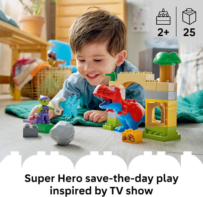 Child playing with colorful building blocks in a room with toys and furniture.
