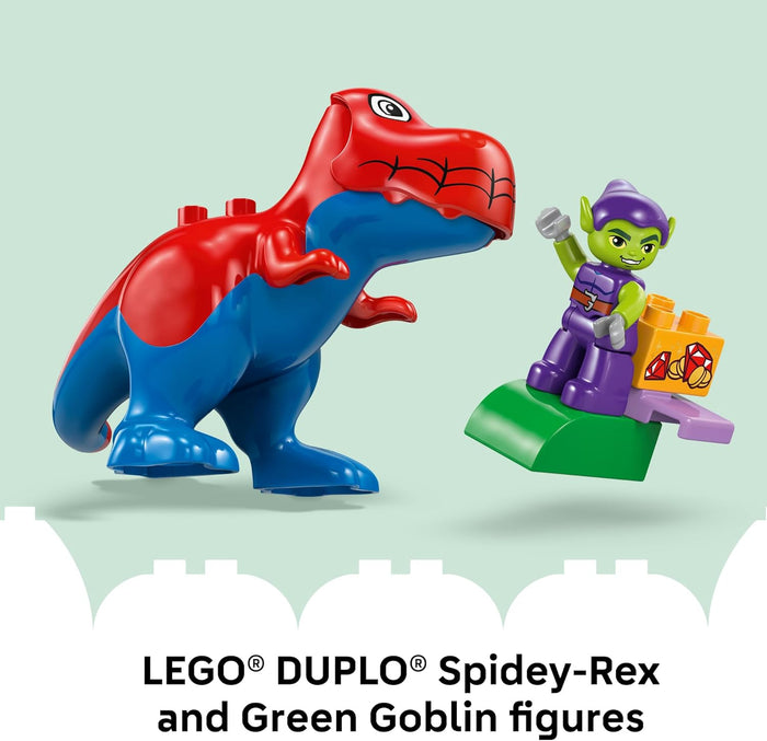 LEGO DUPLO Spidey-Rex and Green Goblin figures on a light green background