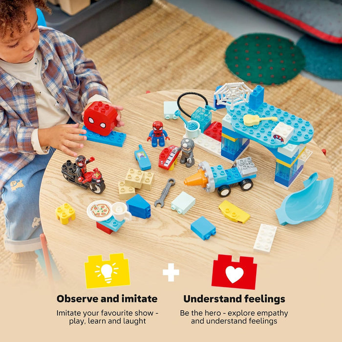 Child playing with toy building blocks on a table, with educational icons and text about observation and imitation.