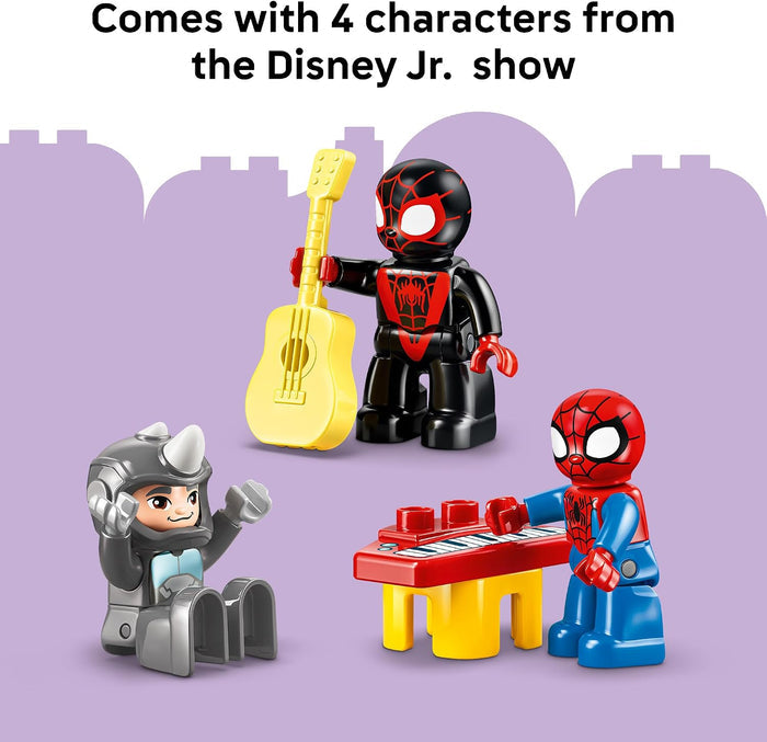A set of toy minifigures inspired by Disney Jr. characters, including a black and red spider-themed figure holding a yellow guitar, a blue and red keyboard player, and a gray knight figure, with text at the top reading 'Comes with 4 characters from the Disney Jr.