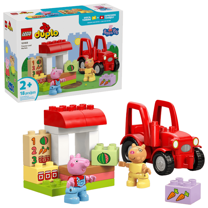 LEGO Duplo toy set with red tractor, Peppa Pig, and a building set on a green background.