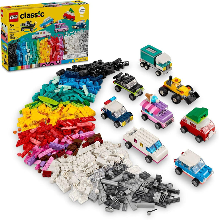 LEGO Classic building set with various vehicles and pieces on a white background