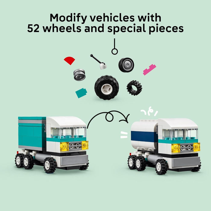 Two toy vehicles with additional parts on a light green background, promoting customization.