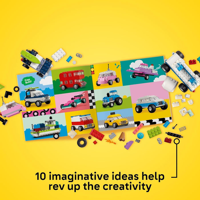 Colorful toy building blocks set on a yellow background with text about creative ideas.