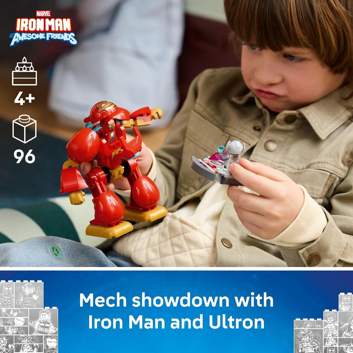 Child playing with Marvel Iron Man and Ultron toy figures, with product details displayed.