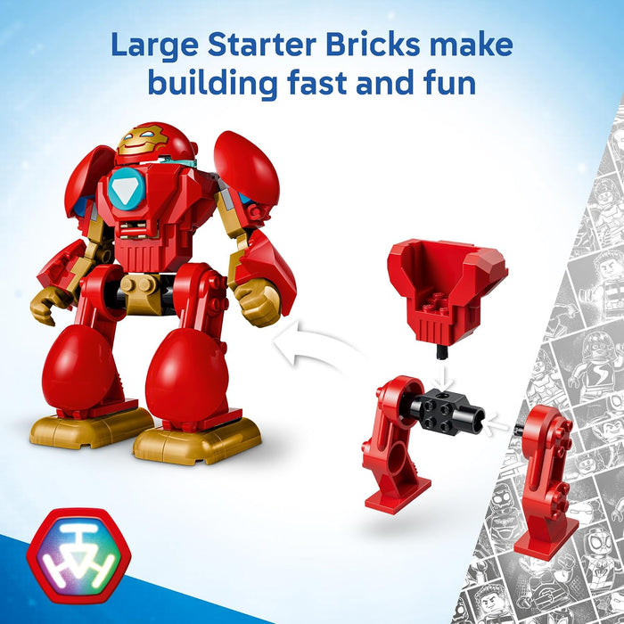 Red robot toy with detachable parts on a blue and white background