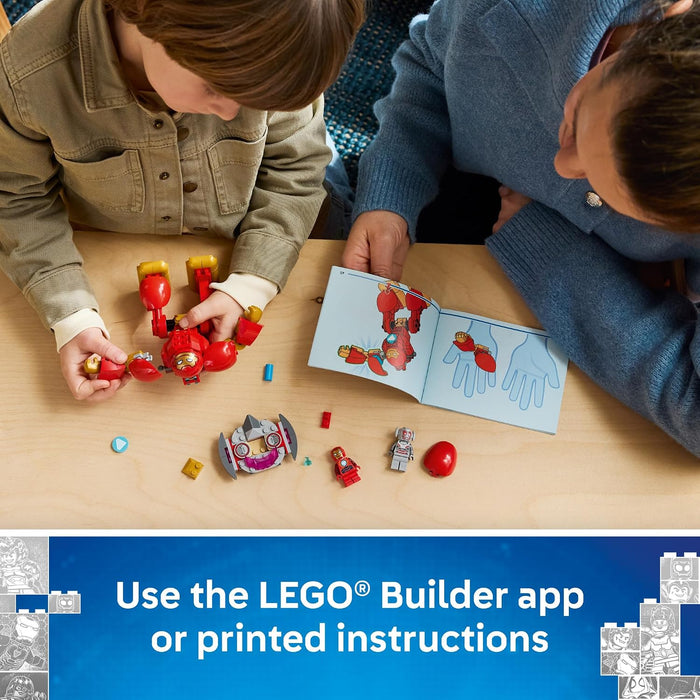Two people seated at a table assembling small LEGO building pieces and reading an instruction booklet. A blue banner at the bottom reads, 'Use the LEGO Builder app or printed instructions.