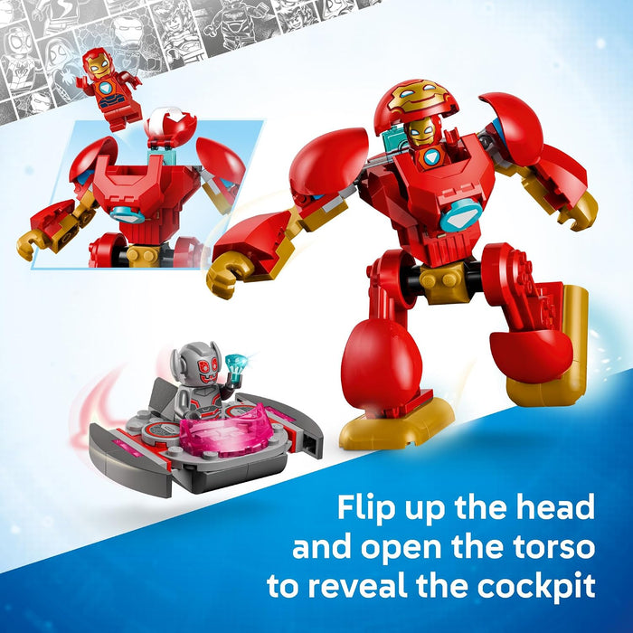 Red robot toy with instructions on how to reveal the cockpit, set against a blue and white background.