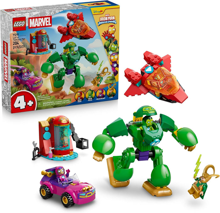 LEGO Marvel Iron Man building set featuring a green robotic figure, a red and orange jet, a purple car, a red hangar, and a minifigure, displayed alongside its original product packaging box on a white background.