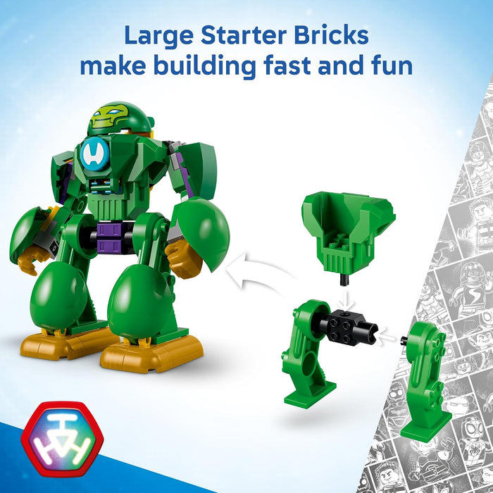 Toy robot with large starter bricks on a blue and white background