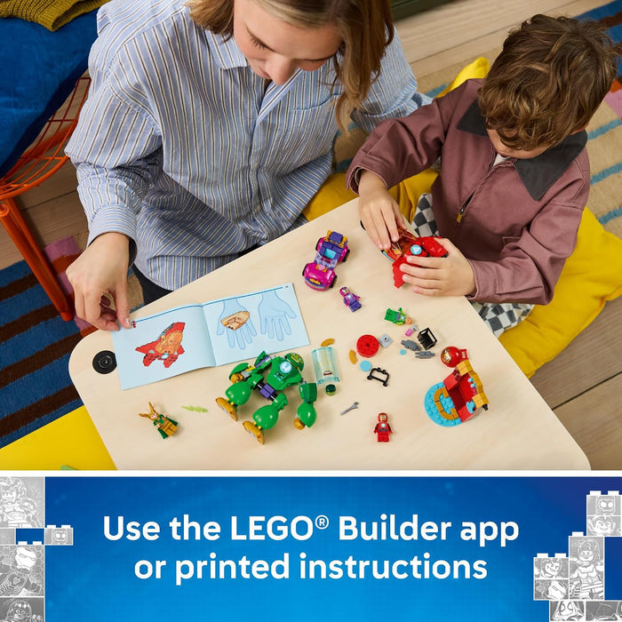 Woman and child playing with LEGO toys on a table, with text about using the LEGO Builder app or printed instructions.