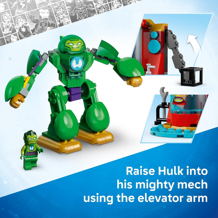 Toy figure of a green superhero with an elevator arm mechanism on a white background