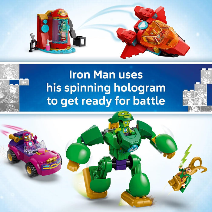 Toy set with a green robot, pink car, and red helicopter against a blue background.
