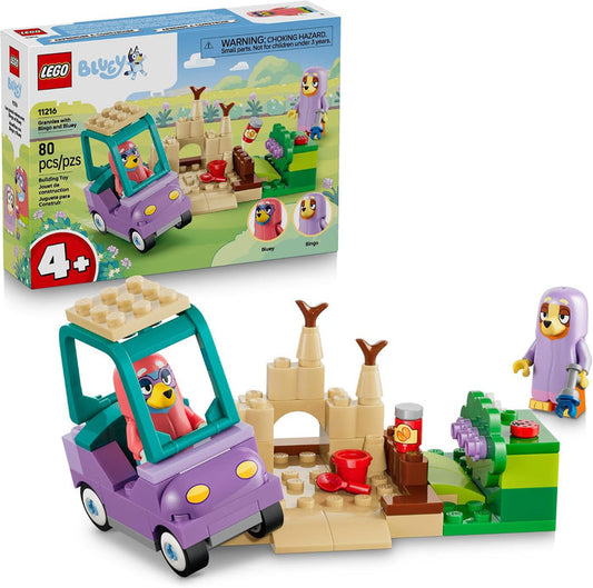 LEGO Breezy 11216 Beasts of the Desert toy set, showing the retail box in the upper left and the assembled toy set in the lower right on a white background. The set includes a purple and teal car with a bird driver, a beige sand castle, green plants, and a purple bird minifigure.