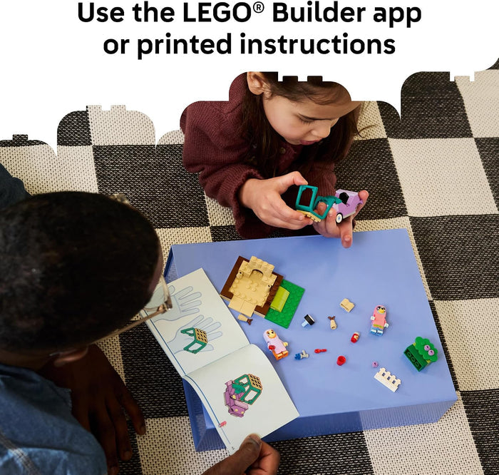 Children playing with LEGO bricks on a checkered floor, using the LEGO Builder app or printed instructions.