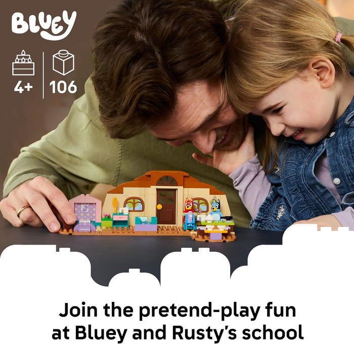 Man and child playing with a toy set, with 'Bluey' branding visible.