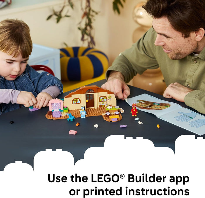 Man and child playing with LEGO toys on a table, with text promoting the LEGO Builder app.
