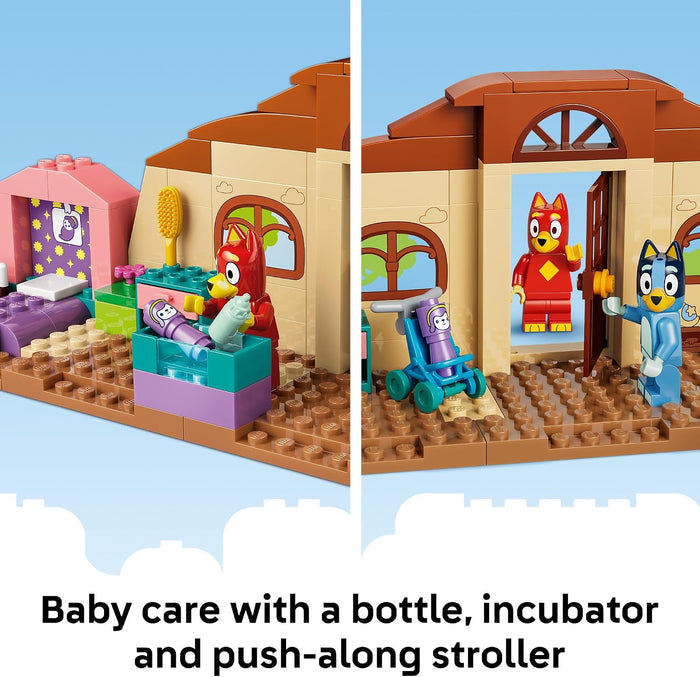 Toy set with characters and baby care items on a blue background