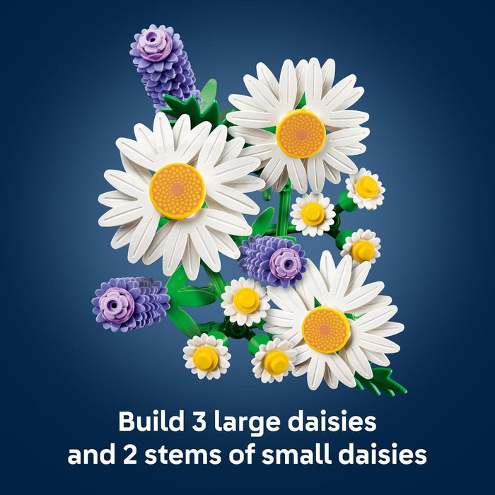 Toy flower building set with large and small daisies on a blue background